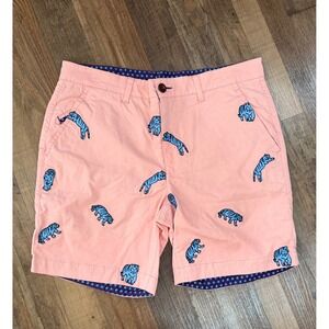 Lords of Harlech Mens Blue Tiger Embroidered Chino Shorts 32W Preppy